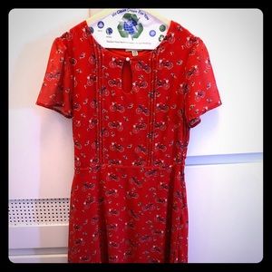 Vintage style red dress with bicycles & waist tie